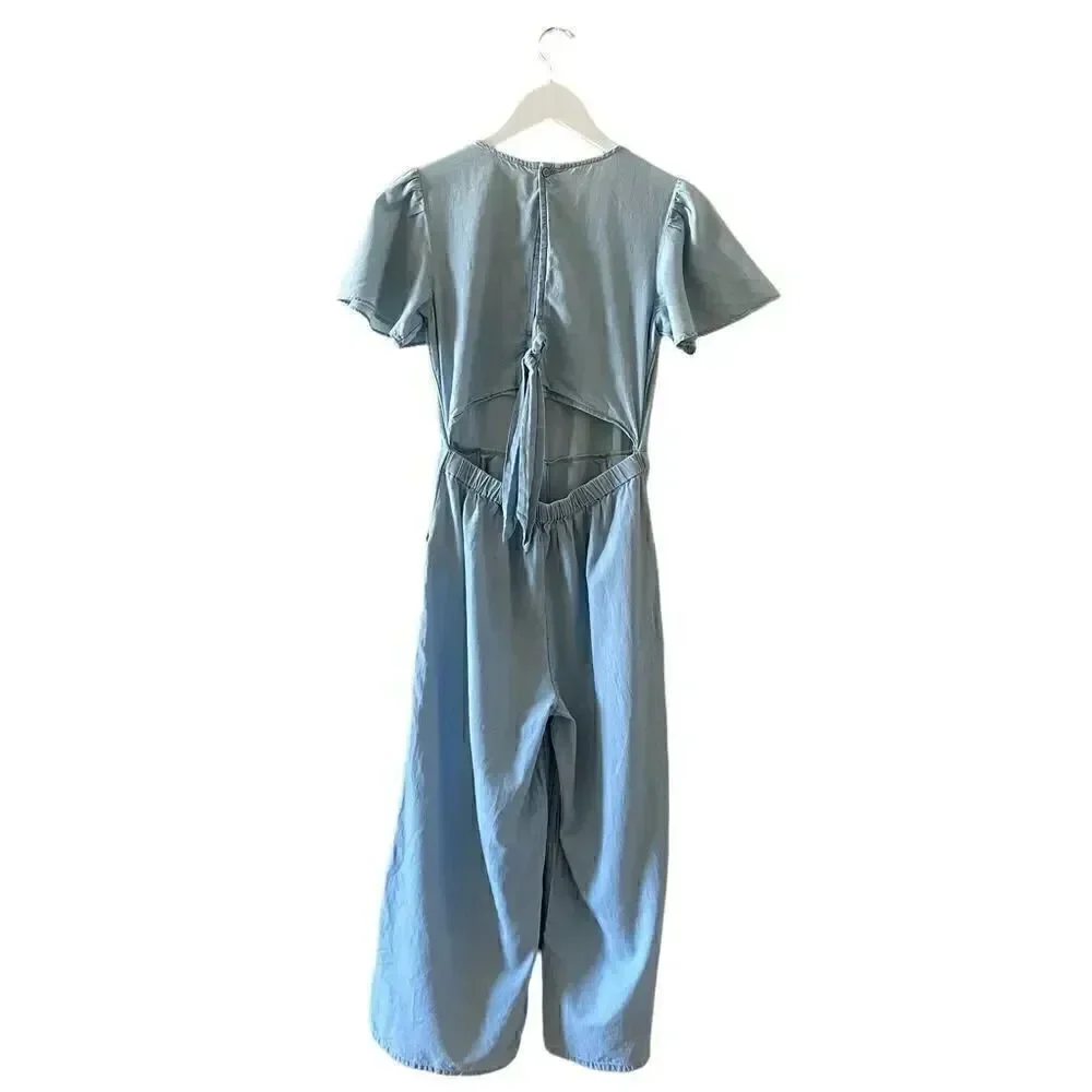 Nordstrom Blue Tie Back Lightweight Jumper Romper Wide Leg Capri Pants XL